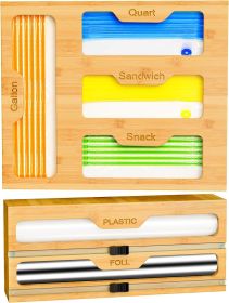 Bamboo Bag Storage Organizer - 2 Wrap Dispenser with Cutter & 4 Slots Food Storage Bags Container - Kitchen Drawer Plastic Bags Storage Organization f