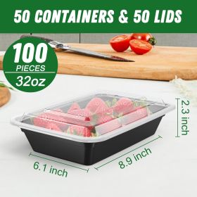 50 Pack (100-Piece) 32 oz Meal Prep Containers Reusable with Lids, Sturdy Leakproof Food Safe, Microwave, Freezer, Dishwasher Safe Prep Containers