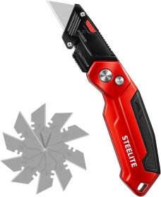 Utility Knife Foldable, Box Cutter Heavy Duty Metal, Quick Open Botton Lock Razor Knife for Cartons, Rapes, Leather and Cardboard