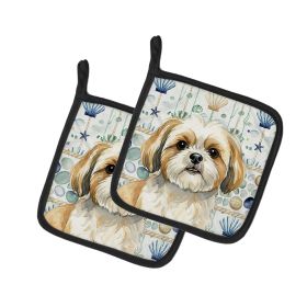 Gold and White Shih Tzu Coastal Sea Glass Pair of Pot Holders Pair 7.5x7.5 Quilted Insulated Hot Pads Decorative Kitchen Gift Made in USA